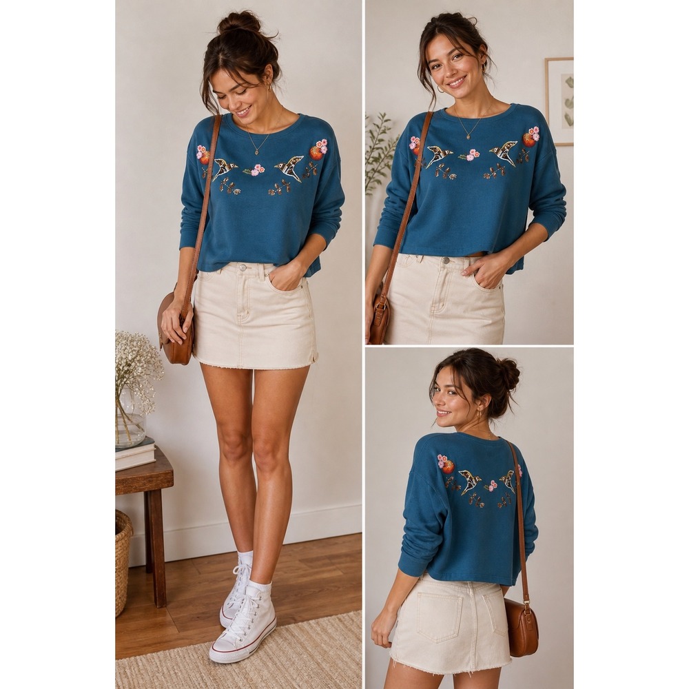 Disney x Lauren‎ Conrad Embroidered Bird Sweatshirt XS Cropped Blue